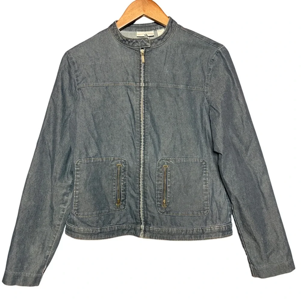 Halogen Women Size Small Blue Denim Zip Up Moto Jacket Mock‎ Neck Stretch